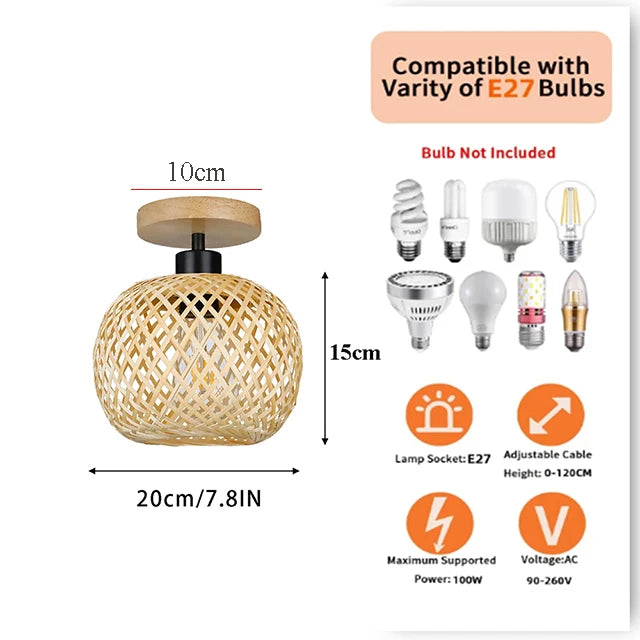 Woven pendant light with dimensions and bulb compatibility information on a white background