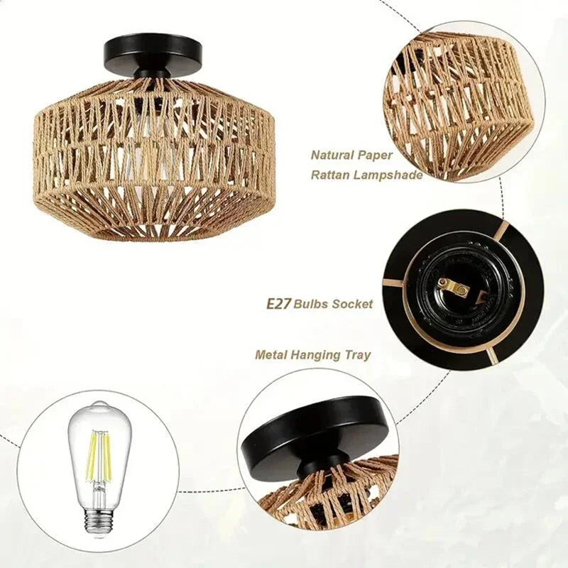 Ceiling light fixture with rattan design, E27 bulb socket, and metal hanging tray on a white background.
