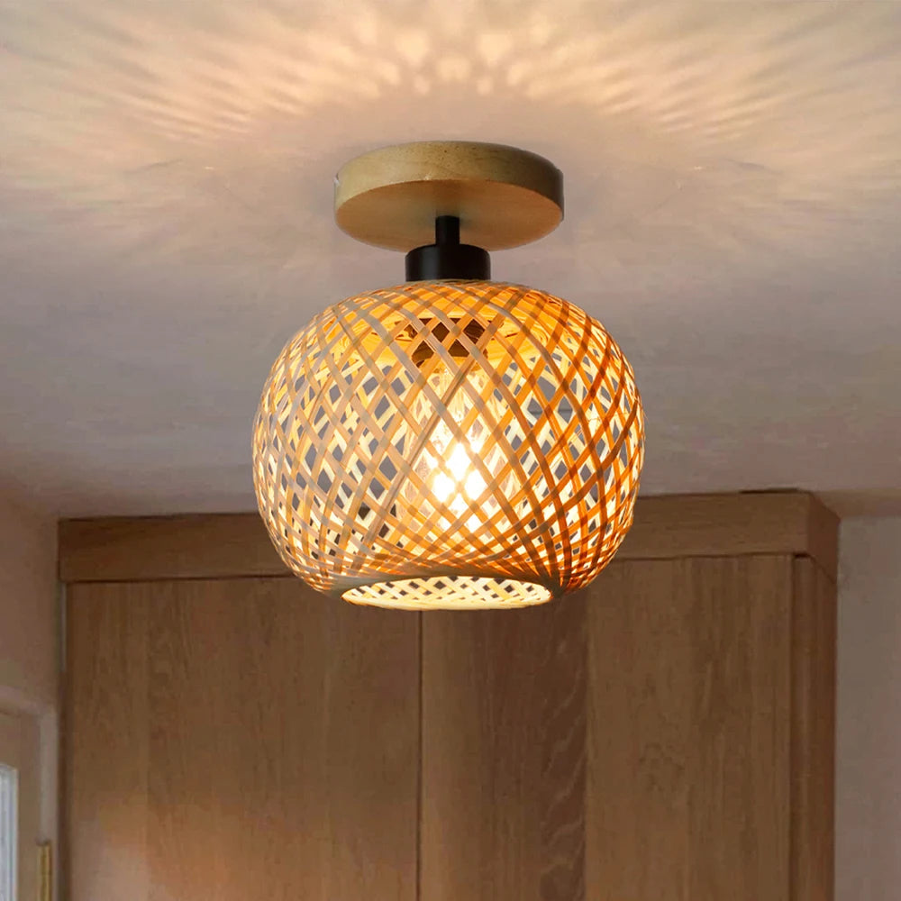 Eco-friendly handwoven bamboo ceiling lights in warm ambient lighting