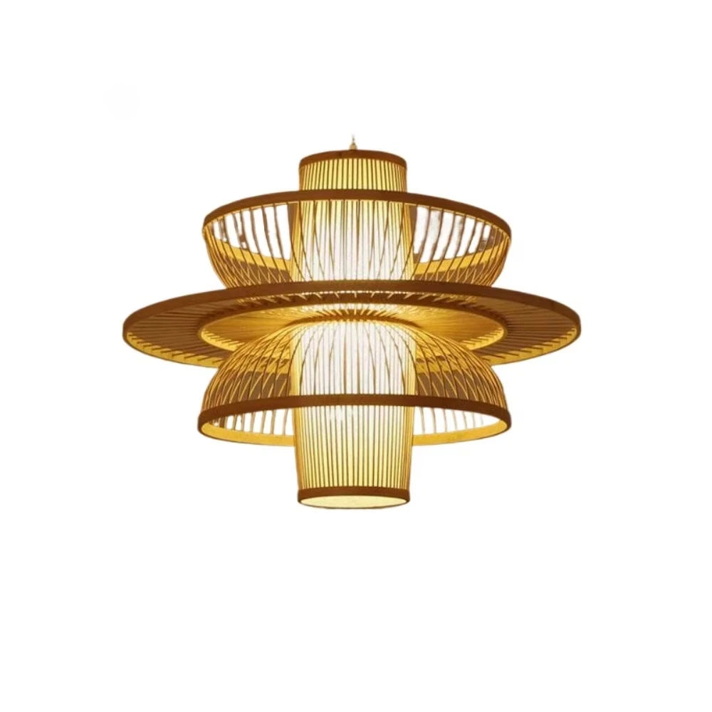 Gold pendant light with a wicker design on a white background