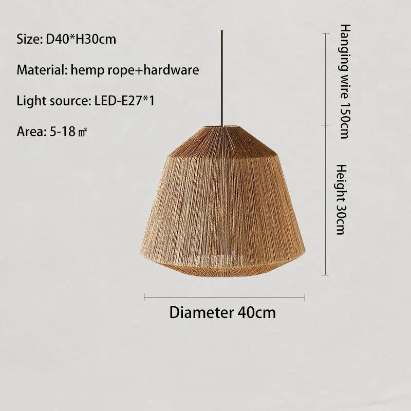 Hemp rope pendant light with dimensions and specifications on a gray background