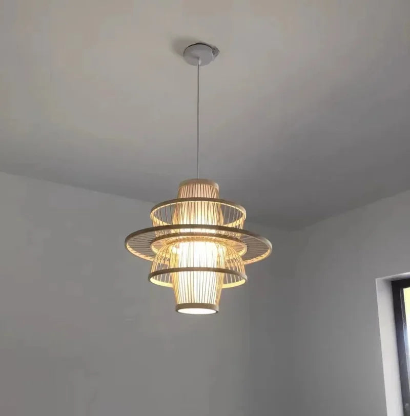 Modern pendant light hanging from a ceiling in a room with neutral walls.