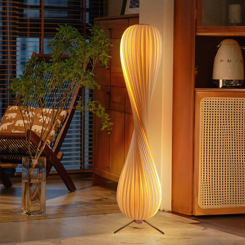Modern twist design wooden floor lamp with warm LED lighting