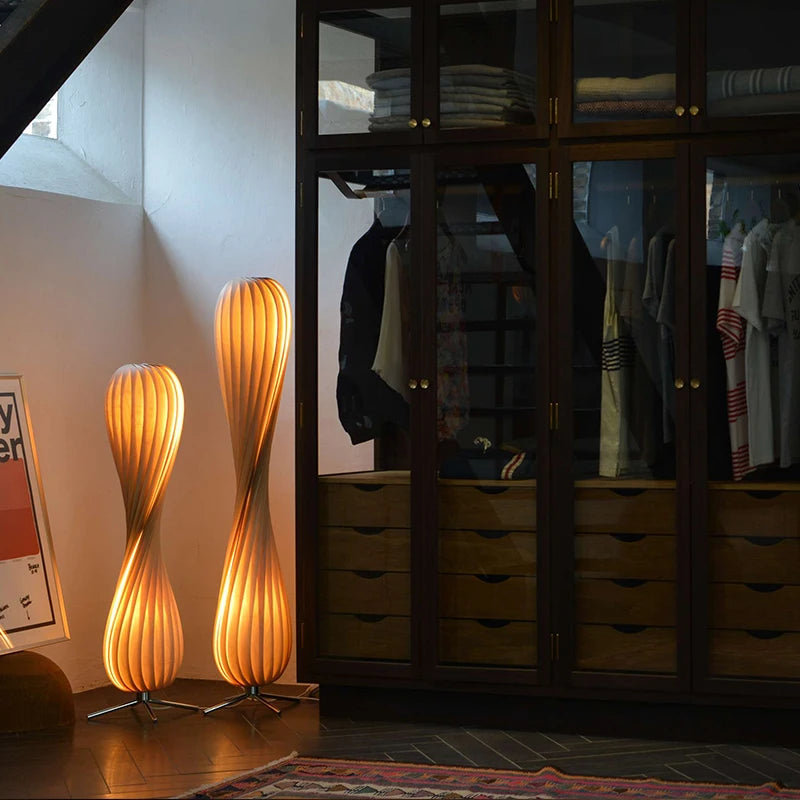 Nordic-style wooden floor lamp with artistic spiral design