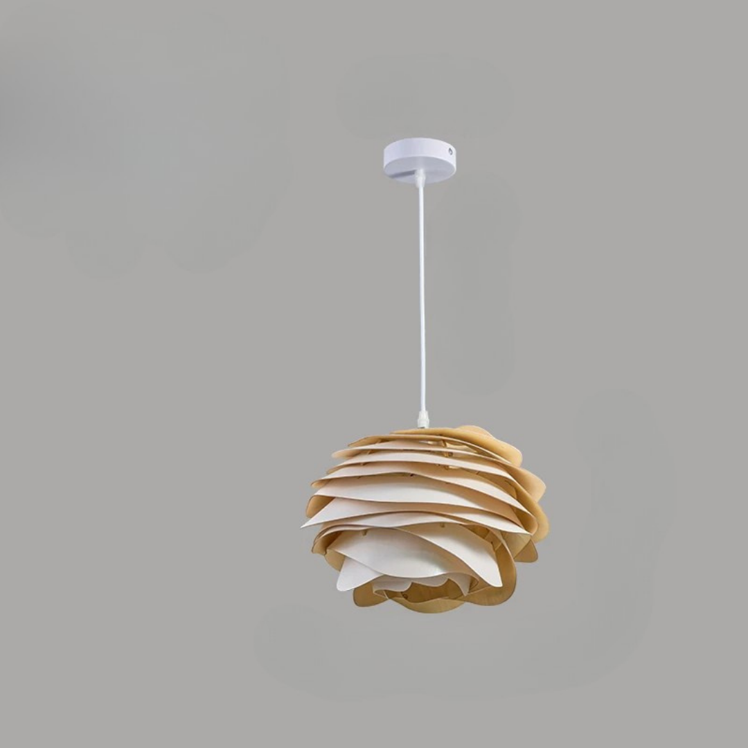 Pendant light with wooden and white design on a gray background