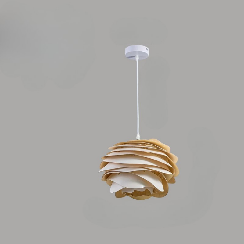 Pendant light with wooden and white design on a gray background