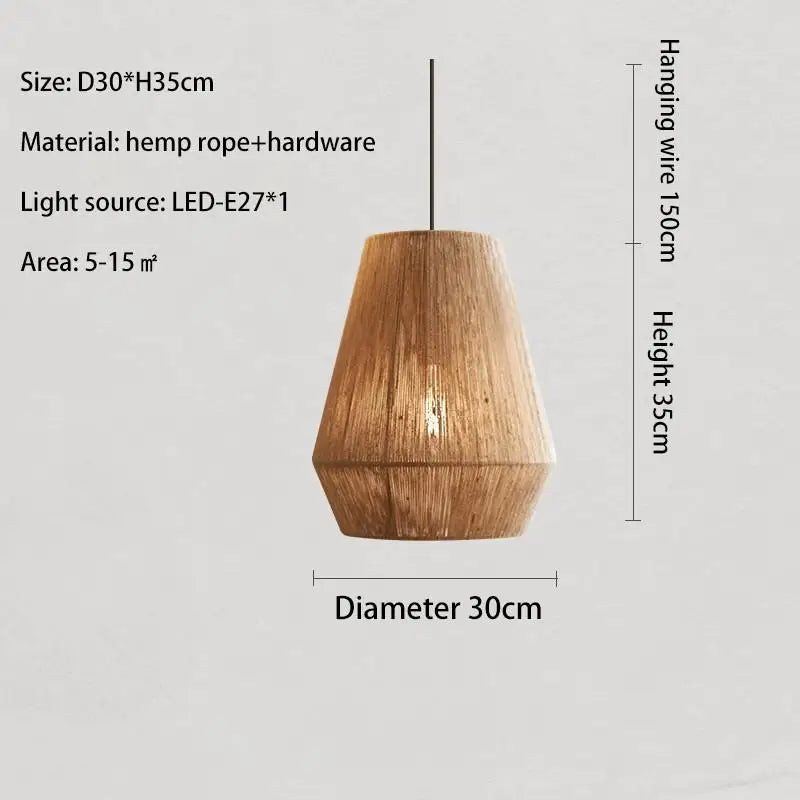 Wooden pendant lamp with dimensions and specifications on a gray background