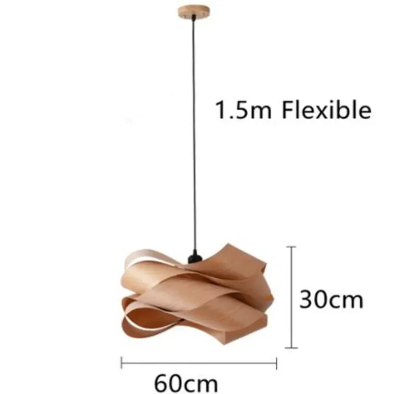 Wooden pendant light with measurements on a white background