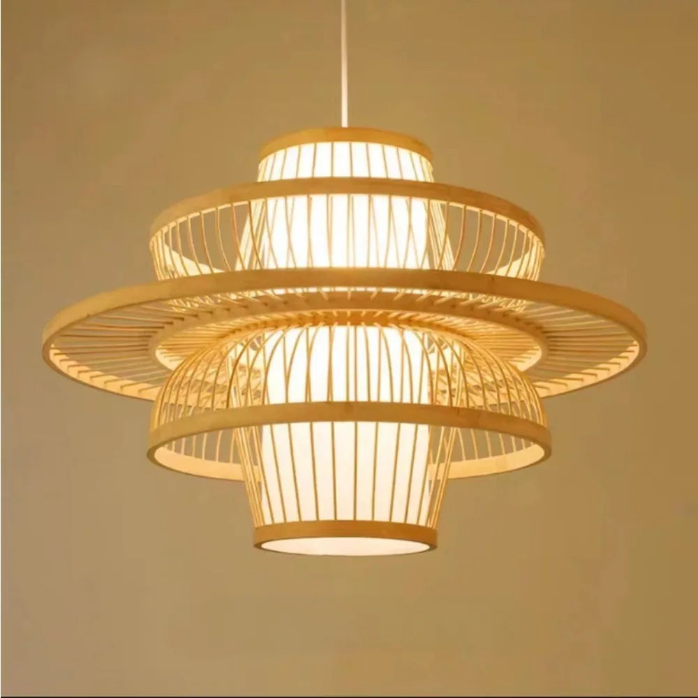 Woven pendant light with a warm glow on a beige background