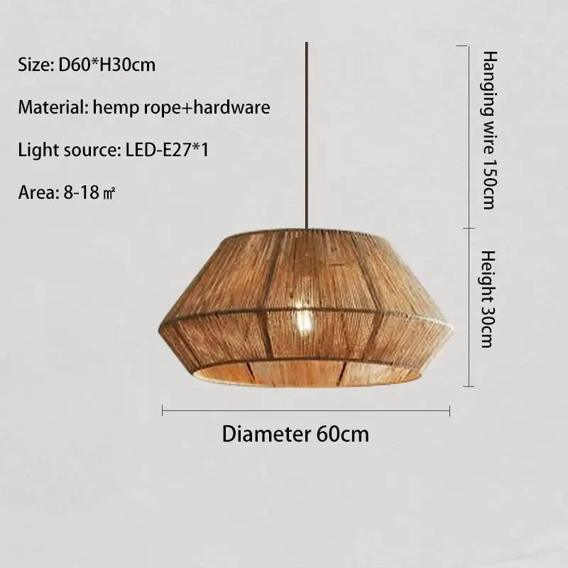 Woven pendant light with dimensions and specifications on a gray background