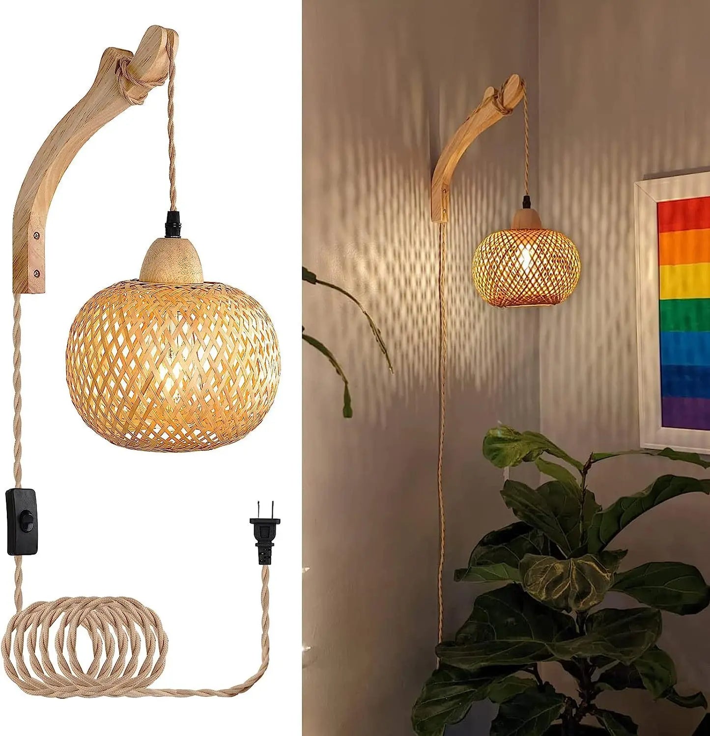 Woven pendant light with wooden arm and coiled cable, shown on a plain background and in a room setting.