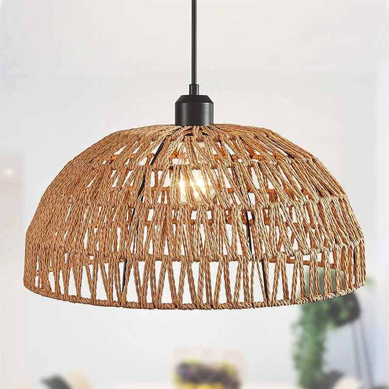 Woven rattan pendant light with a blurred background