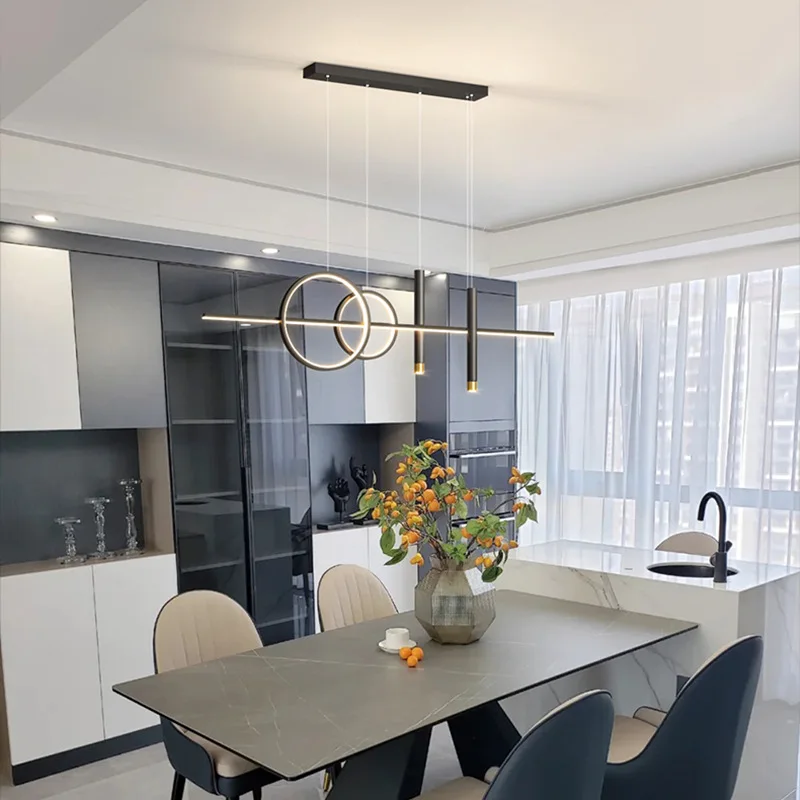 black linear chandeliers