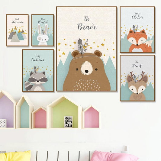 Bear Rabbit Fox Deer Nursery Canvas Wall Art Lala Lamps Store