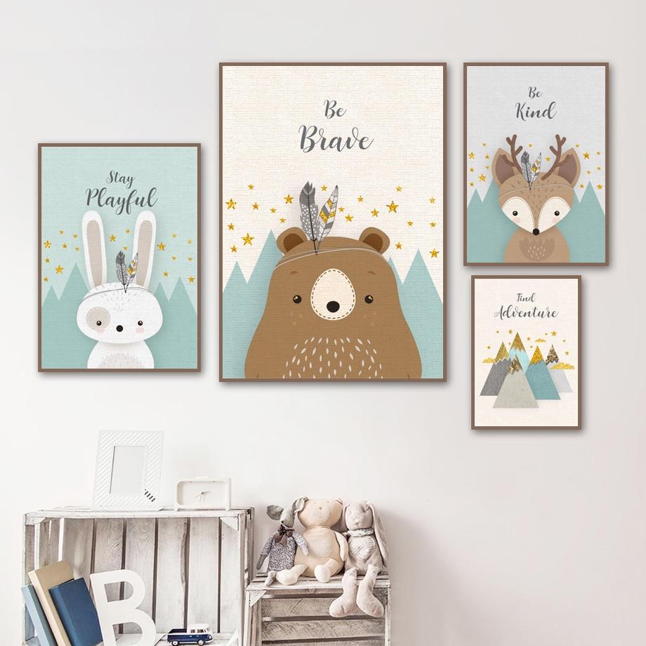Bear Rabbit Fox Deer Nursery Canvas Wall Art Lala Lamps Store