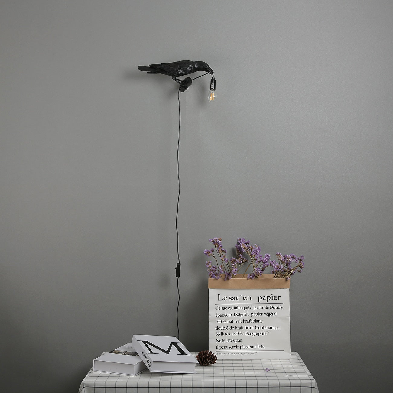 Wall-mounted Iron Crow Bird Lamp with soft glow