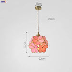 Pink floral pendant light with dimensions on a white background