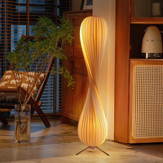 Modern twist design wooden floor lamp with warm LED lighting