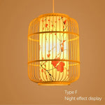 Woven pendant light with floral design on a brown background