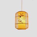 Woven pendant light with a warm glow on a plain background