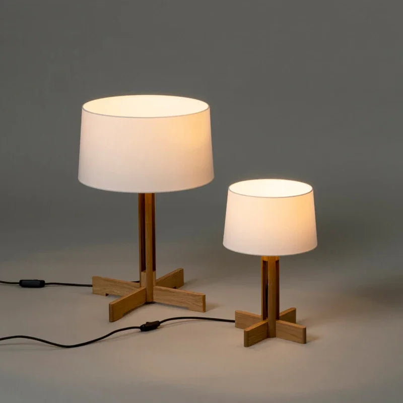 Set of wooden lamps including floor and table versions with soft white light
