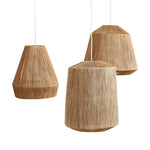 Three woven pendant lights on a white background