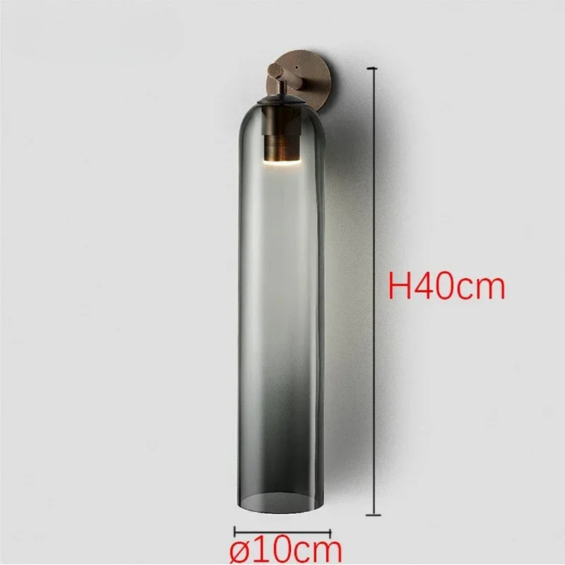 Wall-mounted cylindrical light fixture with dimensions on a gray background