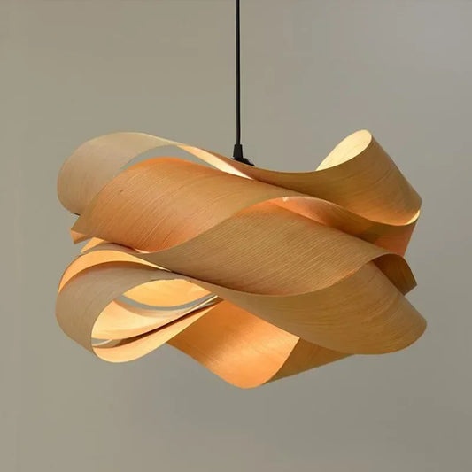 Wooden pendant lamp with a wavy design on a plain background