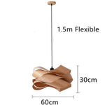 Wooden pendant light with measurements on a white background