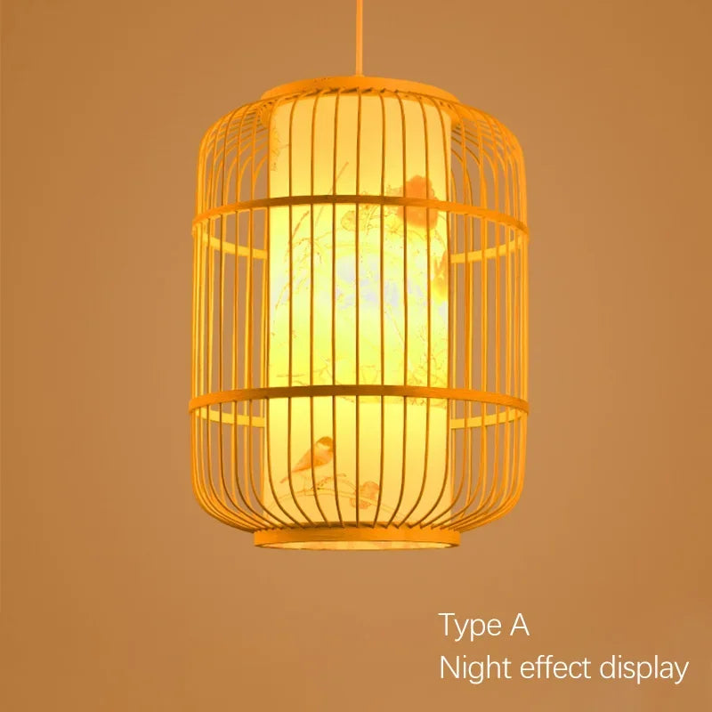 Woven pendant light with a warm glow on a brown background