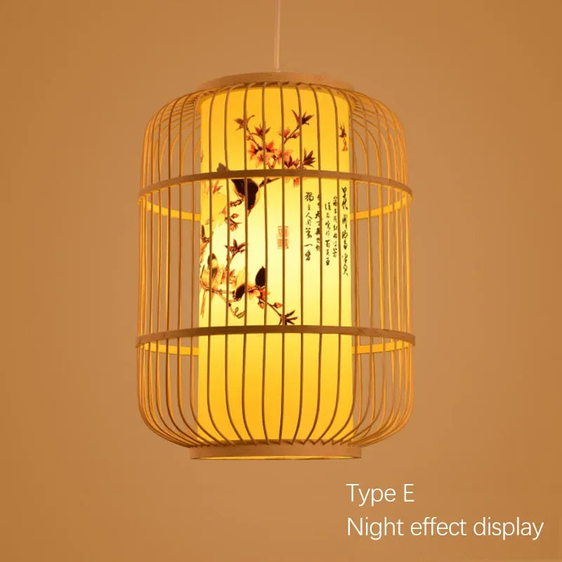 Woven pendant light with floral design on a brown background