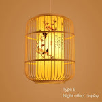 Woven pendant light with floral design on a brown background