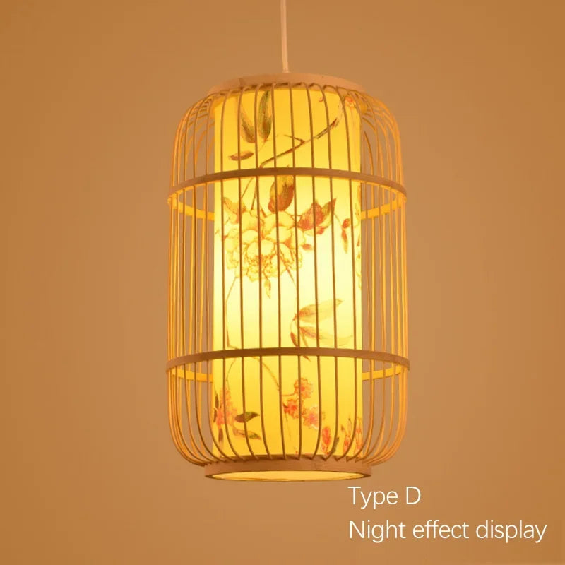 Woven pendant light with floral design on a brown background