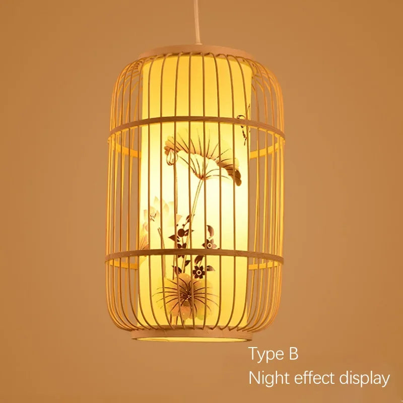 Woven pendant light with floral design on a warm brown background