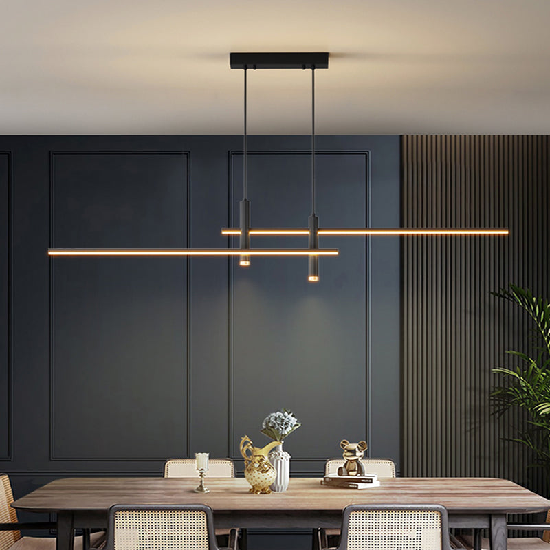 black modern linear chandelier dining room