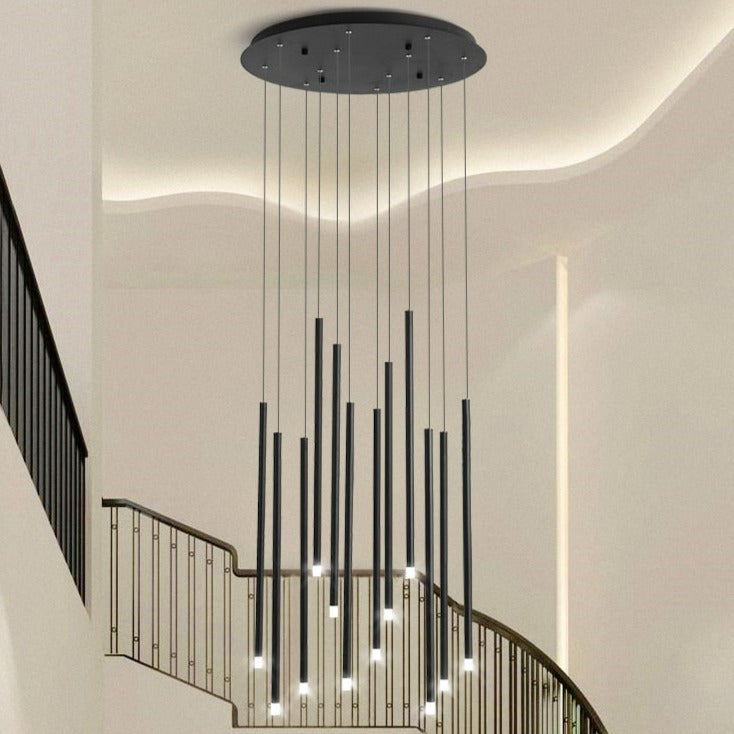 black staircase chandelier