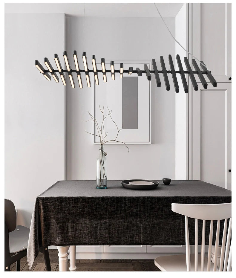 black linear light fixture dining room