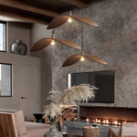 living room with wood pendant light