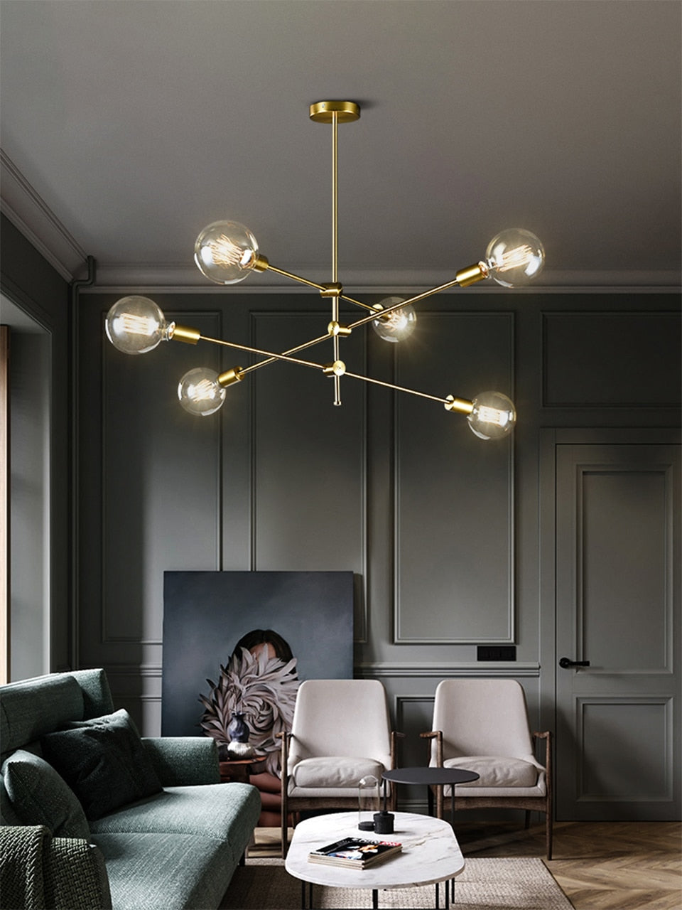 gold sputnik chandeliers living room