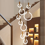 modern staircase chandelier with LED rings