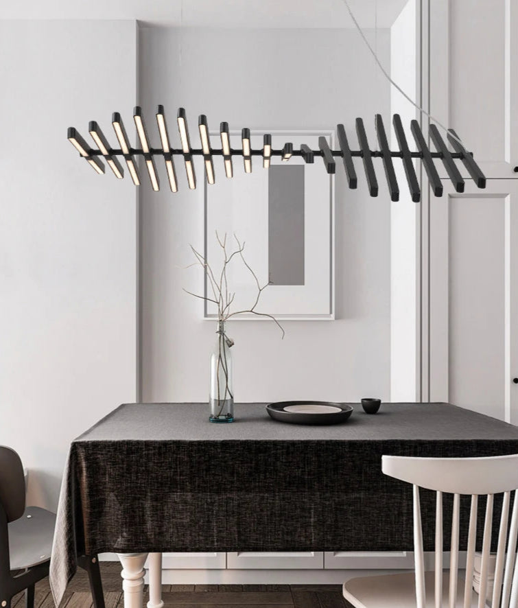 black linear light fixture dining room