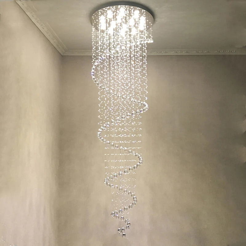 Tall staircase with Rizu High Ceiling Crystal Chandelier – Elegant lighting fixture