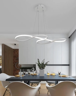 white geometric chandelier dining room