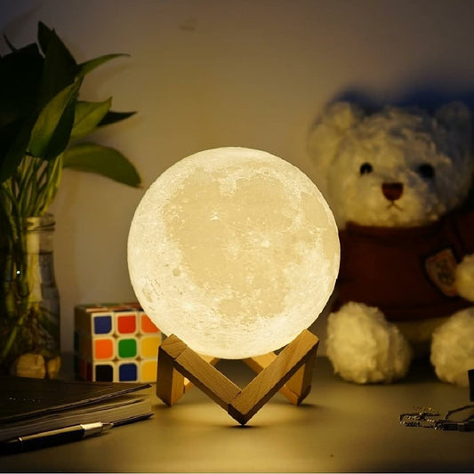 3D Original Moon Lamp glowing on wooden stand