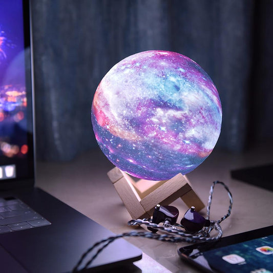 Galaxy Moon Lamp glowing in dark room
