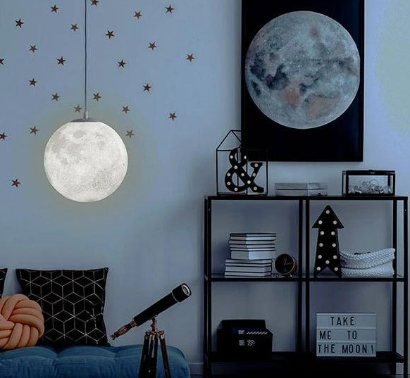 Realistic 3D printed moon pendant light close-up